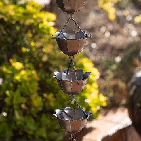 Aluminum Lotus Cup Rain Chain Replacement Downspout for Gutters, Pewter